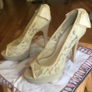 White lace platform stilettos